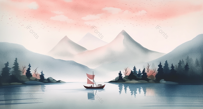 新中式彩色水墨山水画云雾环绕的山峰群山之中的湖泊上一艘船缓缓驶过平静的水面微微泛起一丝涟漪,插画/手绘图,插画/手绘图库,插画/手绘图下载,插画/手绘